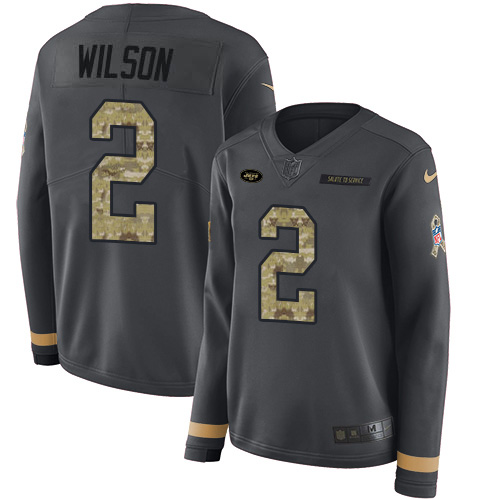 Jets #2 Zach Wilson Anthracite Salute To Service Women's Stitched Limited Therma Long Sleeve Jersey