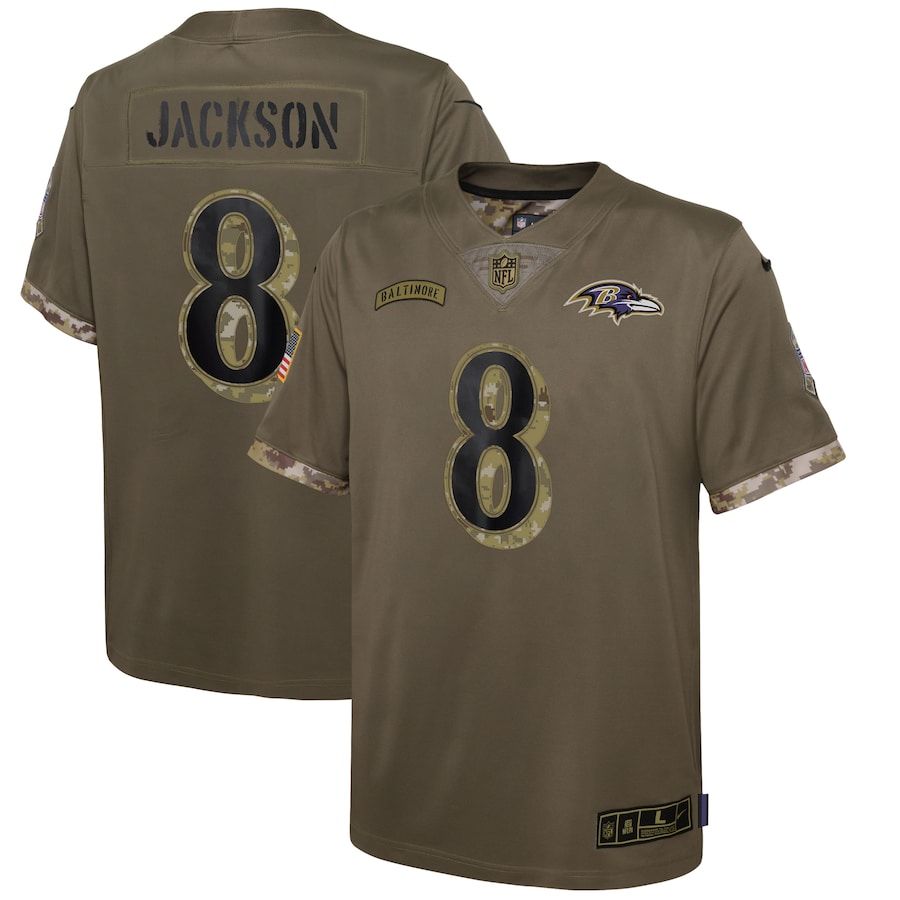 Baltimore Ravens #8 Lamar Jackson Youth 2022 Salute To Service Limited Jersey - Olive