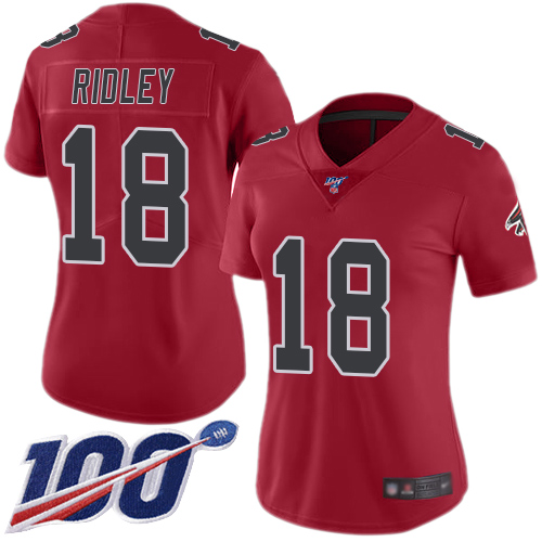 Falcons #18 Calvin Ridley Red Women's Stitched Limited Rush 100th Season Jersey