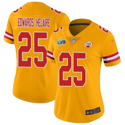 Chiefs #25 Clyde Edwards-Helaire Gold Super Bowl LVII Patch Women's Stitched Limited Inverted Legend Jersey