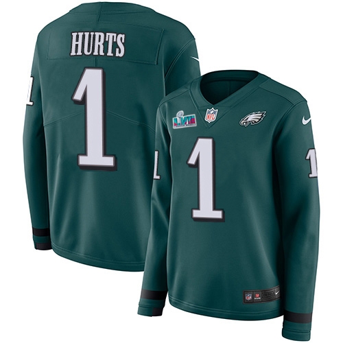Eagles #1 Jalen Hurts Green Super Bowl LVII Patch Team Color Women's Stitched Limited Therma Long Sleeve Jersey