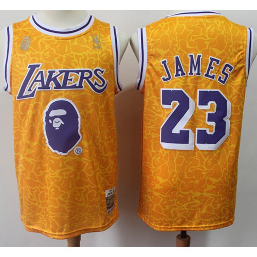 Mitchell And Ness 1996-97 A Bathing Ape Los Angeles Lakers #23 LeBron James Gold Stitched Jersey Mens