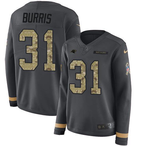 Carolina Panthers #31 Juston Burris Anthracite Salute to Service Women's Stitched Limited Therma Long Sleeve Jersey Womens