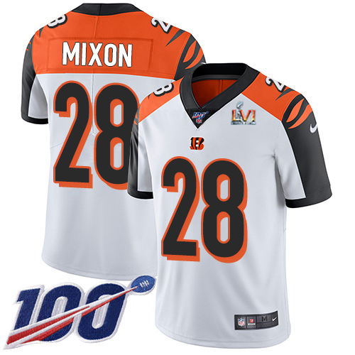 Bengals #28 Joe Mixon White Super Bowl LVI Patch Youth Stitched 100th Season Vapor Limited Jersey