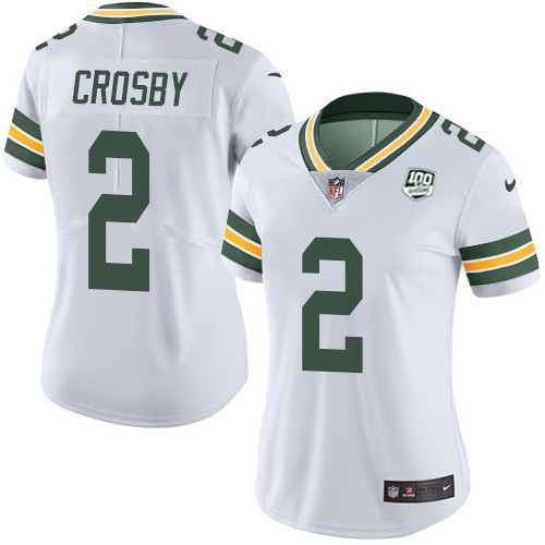 Green Bay Packers #2 Mason Crosby White Women's 100th Season Stitched Vapor Untouchable Limited Jersey Womens