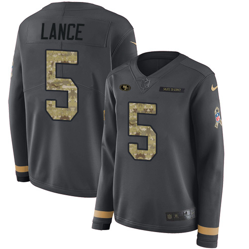 San Francisco 49ers #5 Trey Lance Anthracite Salute To Service Women's Stitched Limited Therma Long Sleeve Jersey