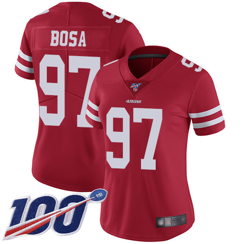 49ers #97 Nick Bosa Red Team Color Women's Stitched 100th Season Vapor Limited Jersey