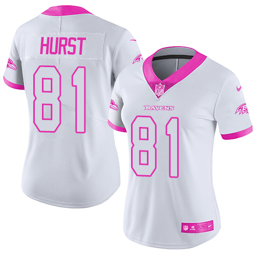 Baltimore Ravens #81 Hayden Hurst White/Pink Women's Stitched Limited Rush Fashion Jersey Womens