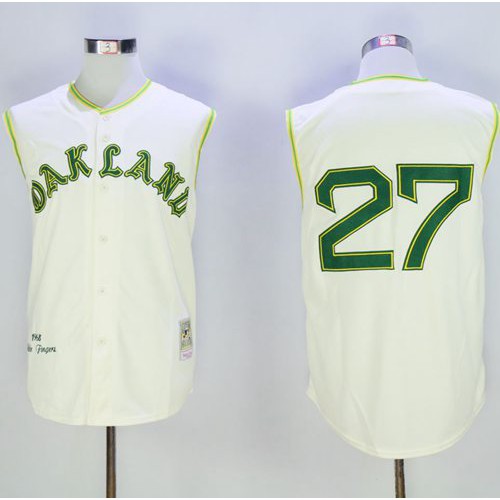 Mitchell And Ness 1968 Oakland Athletics #27 Catfish Hunter Cream Throwback Stitched Jersey Men's