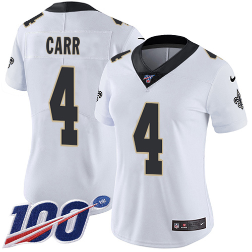 Saints #4 Derek Carr White Women's Stitched 100th Season Vapor Limited Jersey