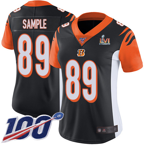 Cincinnati Bengals #89 Drew Sample Black Team Color Super Bowl LVI Patch Women's Stitched 100th Season Vapor Untouchable Limited Jersey Womens