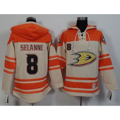 Anaheim Ducks #8 Teemu Selanne Cream/Orange Sawyer Hooded Sweatshirt Stitched Jersey Men's