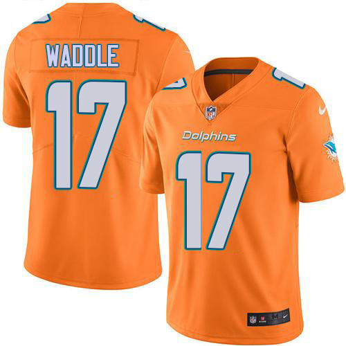 Dolphins #17 Jaylen Waddle Orange Green Youth Stitched Limited Rush Jersey