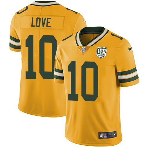 Packers #10 Jordan Love Yellow Youth 100th Season Stitched Limited Rush Jersey