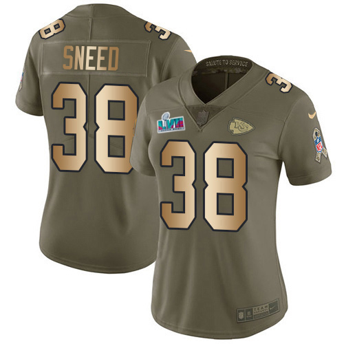 Chiefs #38 L'Jarius Sneed Olive/Gold Super Bowl LVII Patch Women's Stitched Limited 2017 Salute To Service Jersey