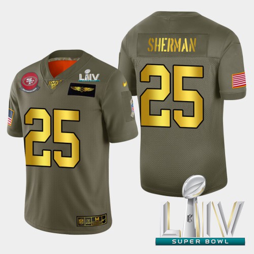 San Francisco 49ers #25 Richard Sherman Men's Olive Gold Super Bowl LIV 2020 2019 Salute to Service 100 Limited Jersey Men's