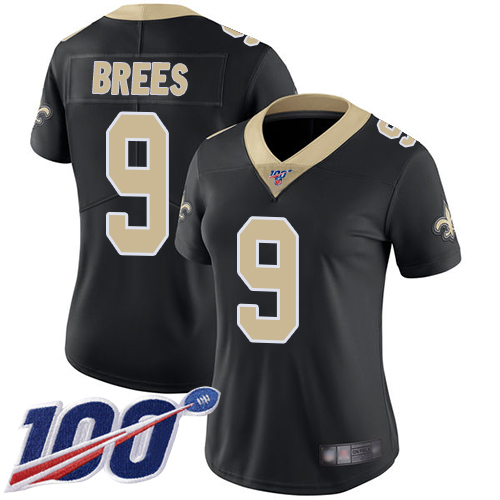 Saints #9 Drew Brees Black Team Color Women's Stitched 100th Season Vapor Limited Jersey