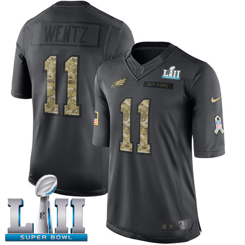 Philadelphia Eagles #11 Carson Wentz Black Super Bowl LII Men's Stitched Limited 2016 Salute To Service Jersey Men's