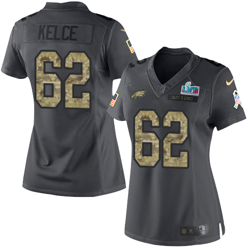 Eagles #62 Jason Kelce Black Super Bowl LVII Patch Women's Stitched Limited 2016 Salute To Service Jersey