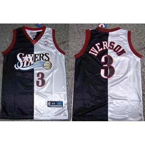 Philadelphia 76ers #3 Allen Iverson Black/White Split Fashion Stitched Jersey Mens