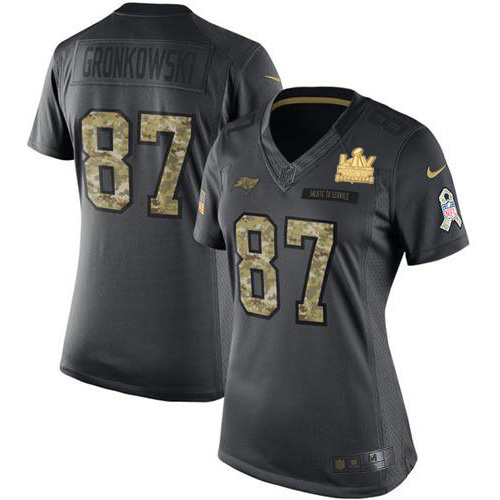 Buccaneers #87 Rob Gronkowski Black Women's Super Bowl LV Champions Patch Stitched Limited 2016 Salute To Service Jersey