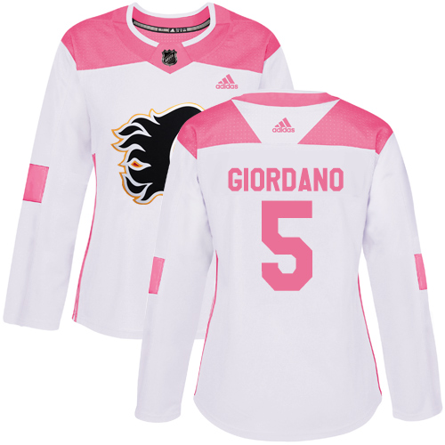 Adidas Calgary Flames #5 Mark Giordano White/Pink Authentic Fashion Women's Stitched Jersey Womens