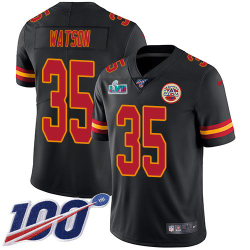 Chiefs #35 Jaylen Watson Black Super Bowl LVII Patch Youth Stitched Limited Rush 100th Season Jersey