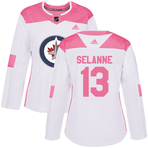 Adidas Winnipeg Jets #13 Teemu Selanne White/Pink Authentic Fashion Women's Stitched Jersey Womens