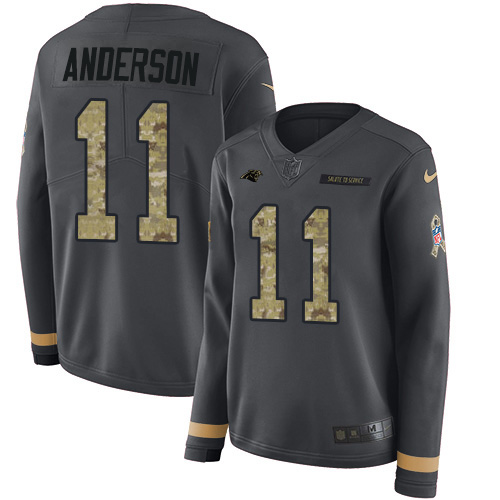 Carolina Panthers #11 Robby Anderson Anthracite Salute to Service Women's Stitched Limited Therma Long Sleeve Jersey Womens