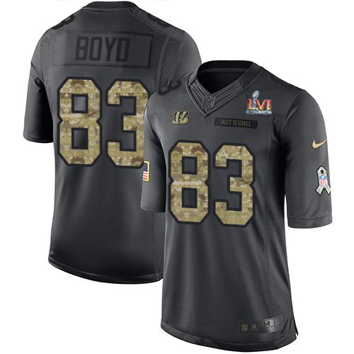 Bengals #83 Tyler Boyd Black Team Color Super Bowl LVI Patch Men's Stitched Limited Therma Long Sleeve Jersey