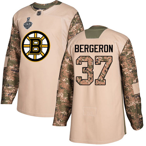 Adidas Boston Bruins #37 Patrice Bergeron Camo Authentic 2017 Veterans Day Stanley Cup Final Bound Stitched Jersey Men's