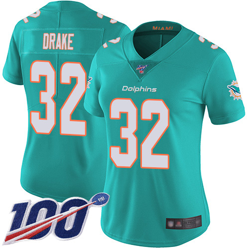 Miami Dolphins #32 Kenyan Drake Aqua Green Team Color Women's Stitched 100th Season Vapor Limited Jersey Womens