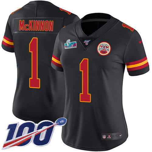 Chiefs #1 Jerick McKinnon Black Super Bowl LVII Patch Women's Stitched Limited Rush 100th Season Jersey