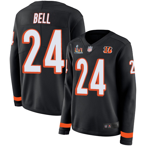 Cincinnati Bengals #24 Vonn Bell Black Team Color Super Bowl LVI Patch Women's Stitched Limited Therma Long Sleeve Jersey Womens