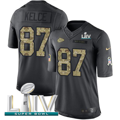 Chiefs #87 Travis Kelce Black Super Bowl LIV 2020 Youth Stitched Limited 2016 Salute To Service Jersey