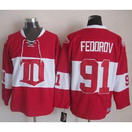 Detroit Red Wings #91 Sergei Fedorov Red Winter Classic CCM Throwback Stitched Jersey Men's