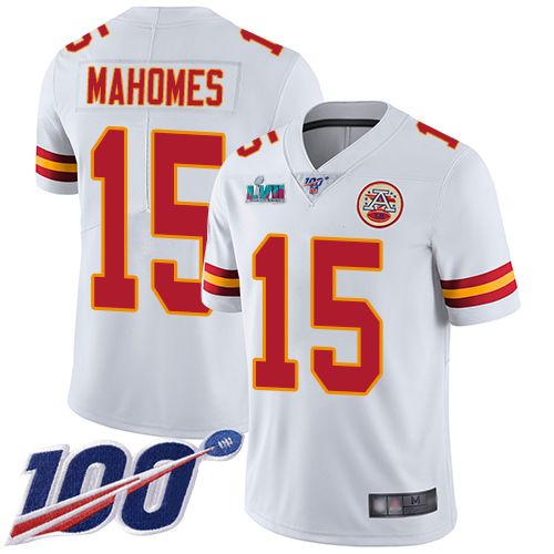 Chiefs #15 Patrick Mahomes White Super Bowl LVII Patch Men's Stitched 100th Season Vapor Limited Jersey