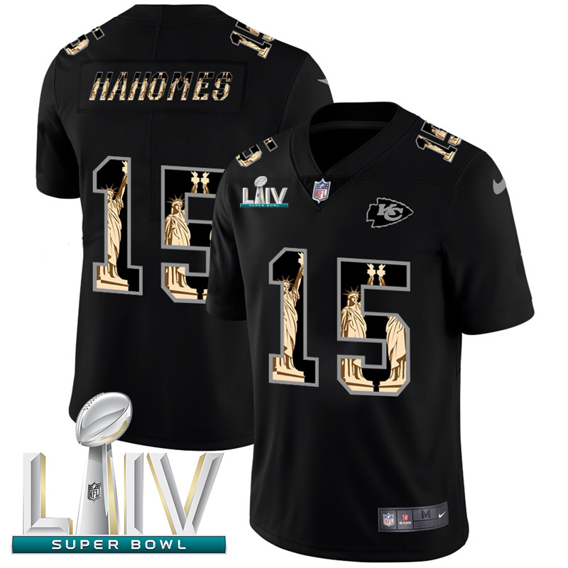 Kansas City Chiefs #15 Patrick Mahomes Carbon Black Super Bowl LIV 2020 Vapor Statue Of Liberty Limited Jersey