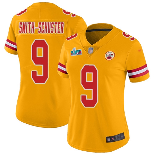 Chiefs #9 JuJu Smith-Schuster Gold Super Bowl LVII Patch Women's Stitched Limited Inverted Legend Jersey