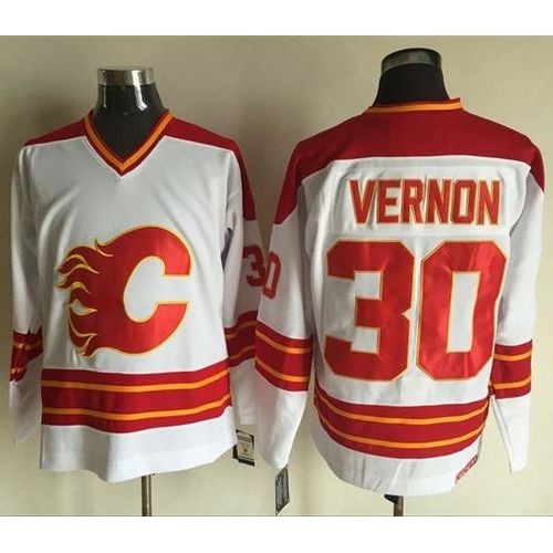 Calgary Flames #30 Mike Vernon White CCM Throwback Stitched Jersey Men's