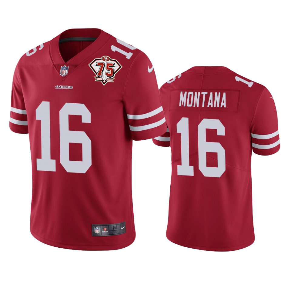 49ers #16 Joe Montana Red Men's 75th Anniversary Stitched Vapor Untouchable Limited Jersey