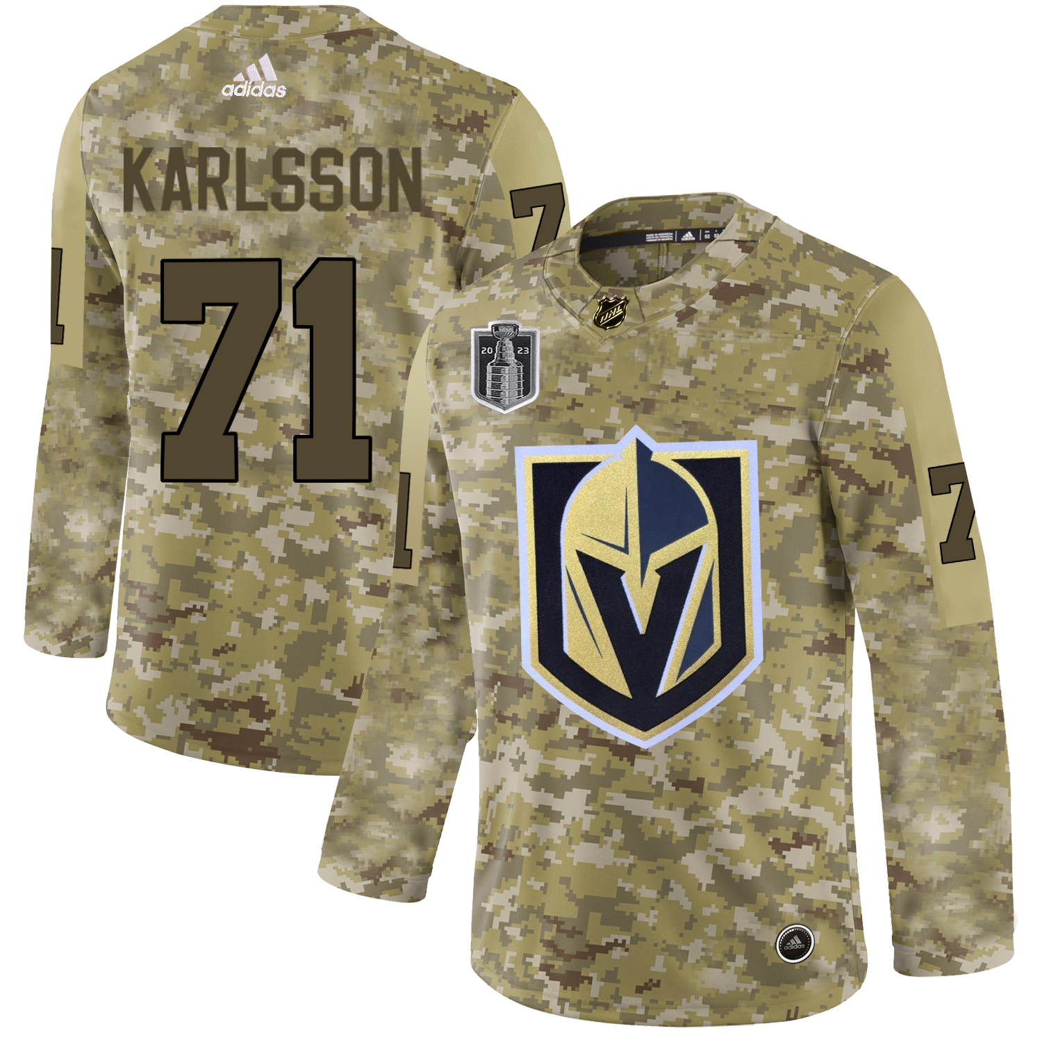 Adidas Golden Knights #71 William Karlsson Camo 2023 Stanley Cup Final Patch Authentic Stitched Jersey