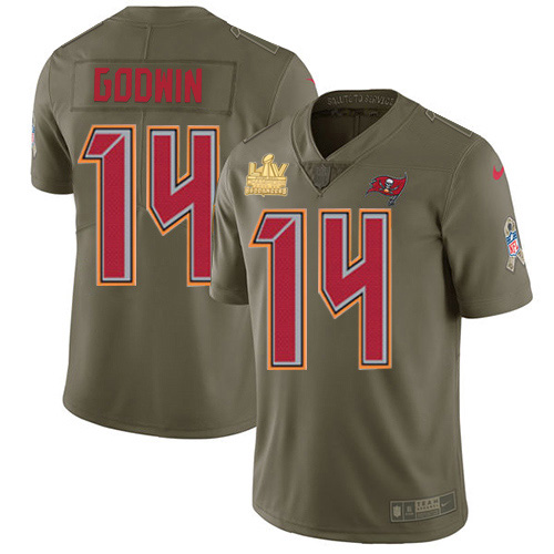 Buccaneers #14 Chris Godwin Olive Men's Super Bowl LV Champions Patch Stitched Limited 2017 Salute To Service Jersey