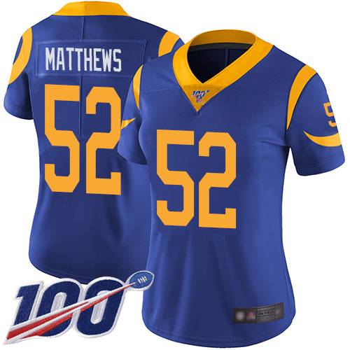 Los Angeles Rams #52 Clay Matthews Royal Blue Alternate Women's Stitched 100th Season Vapor Limited Jersey Womens