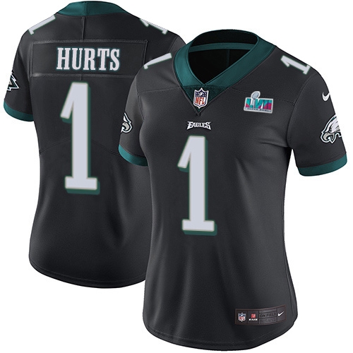 Eagles #1 Jalen Hurts Black Super Bowl LVII Patch Alternate Women's Stitched Vapor Untouchable Limited Jersey