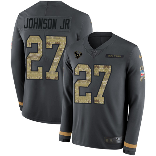 Houston Texans #27 Duke Johnson Jr Anthracite Salute to Service Men's Stitched Limited Therma Long Sleeve Jersey Men's