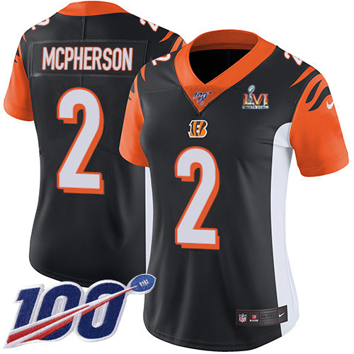 Bengals #2 Evan McPherson Black Team Color Super Bowl LVI Patch Women's Stitched 100th Season Vapor Untouchable Limited Jersey