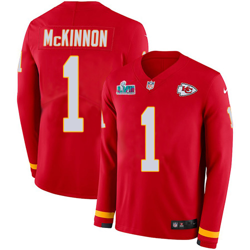 Chiefs #1 Jerick McKinnon Red Team Color Super Bowl LVII Patch Men's Stitched Limited Therma Long Sleeve Jersey