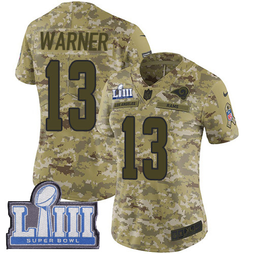 Los Angeles Rams #13 Kurt Warner Camo Super Bowl LIII Bound Women's Stitched Limited 2018 Salute to Service Jersey Womens