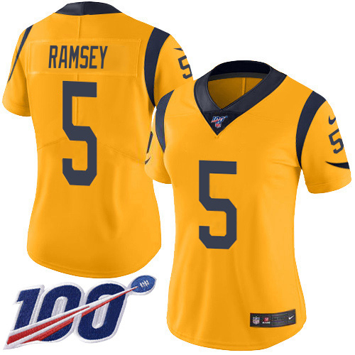 Rams #5 Jalen Ramsey Gold Women's Stitched Limited Rush 100th Season Jersey